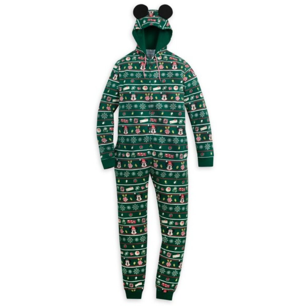 Disney Parks Mickey and Minnie Holiday One-Piece Hooded Pajamas